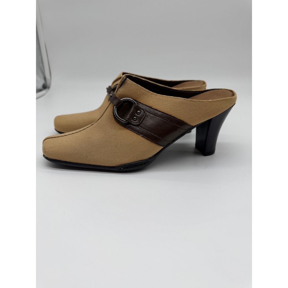 Aerosoles In A Cinch Tan Fabric Heeled Mules Brown Buckle Strap Square Toe 7M